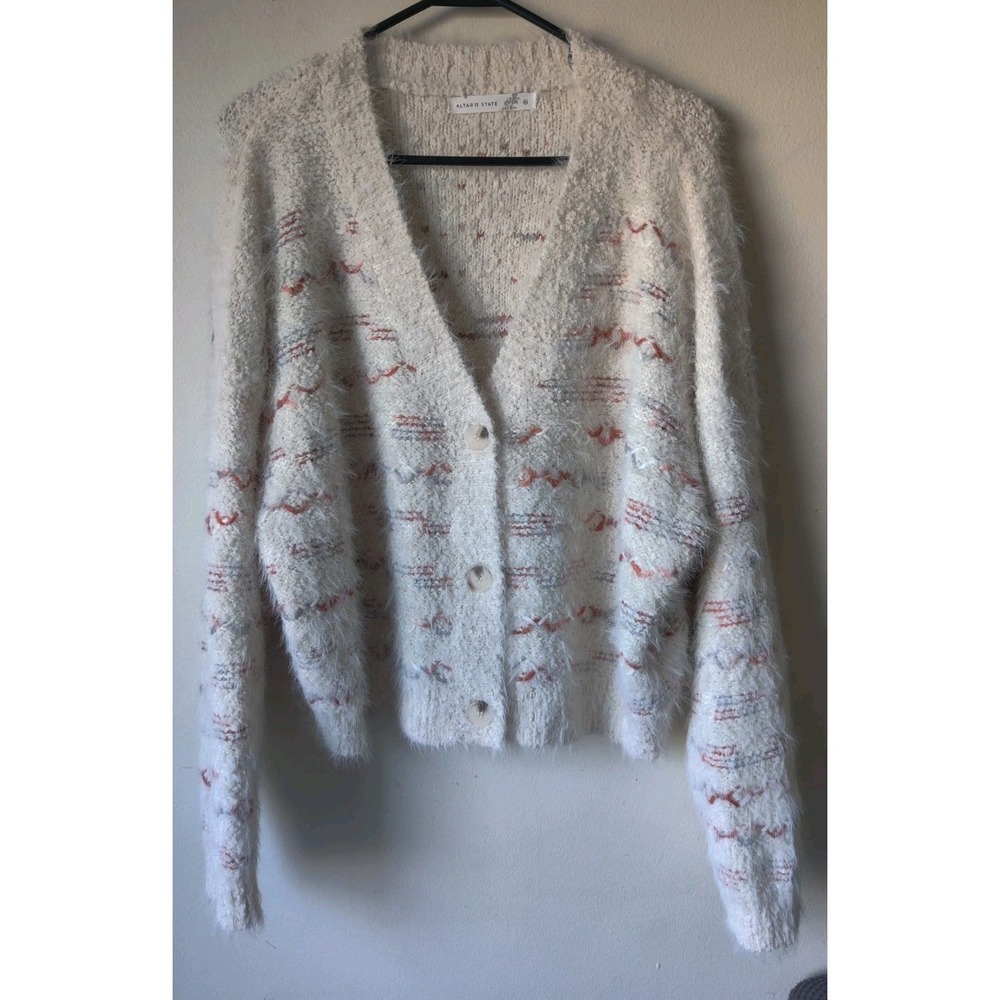 Altr'd State Eyelash Sweater 3 Button‎ Cardigan Cream/Colors Geometric Design XL